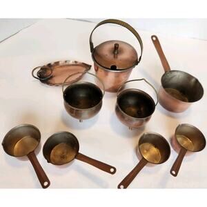 Lot Miniature Copper / Brass Cottagecore Cauldrons Pots & Tray Doll Size Mixed